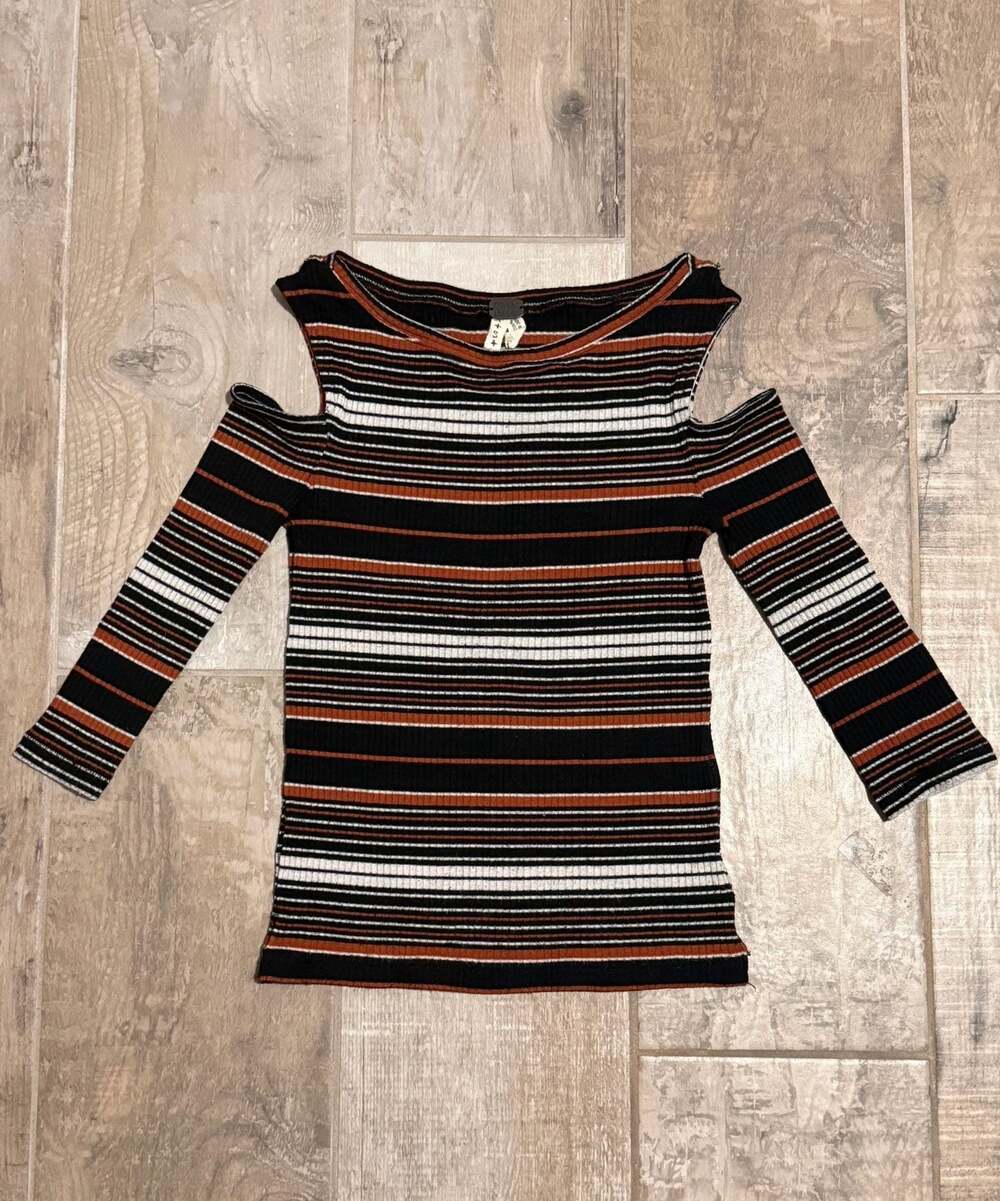 We The Free Striped Knit Scoop Neck Cold Shoulder Long Sleeve Top
